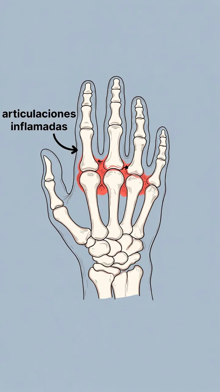 Tipos de artritis y articulaciones afectadas: diagrama de manos con inflamación articular