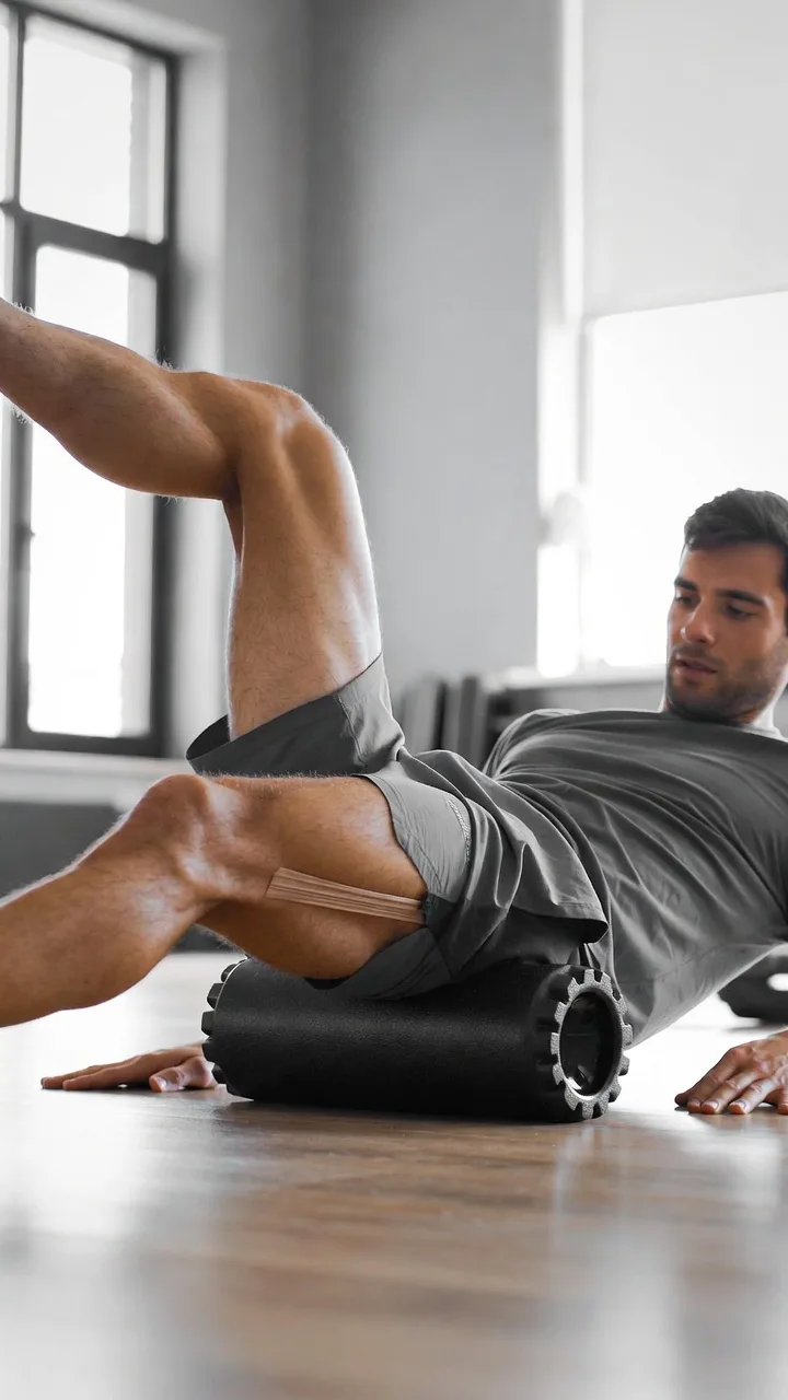 Corredor usando foam roller en la cintilla iliotibial para el tratamiento del síndrome IT band