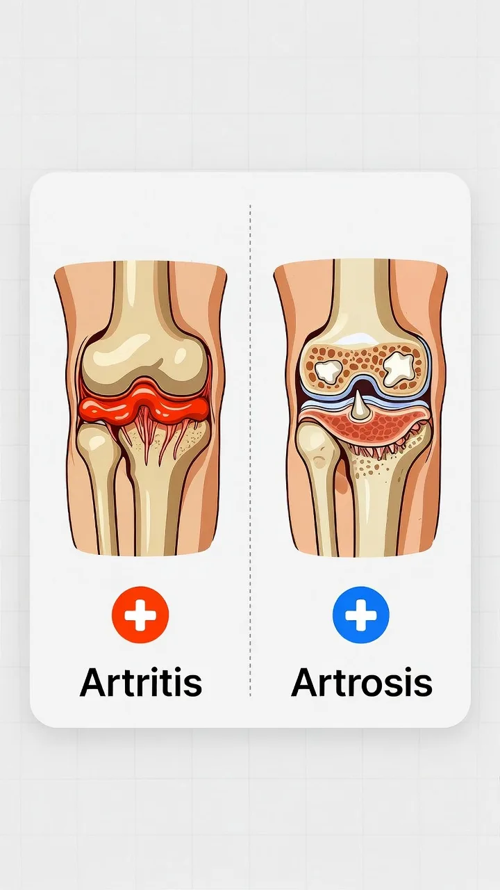 Comparativa artritis vs artrosis: inflamación sinovial versus desgaste del cartílago