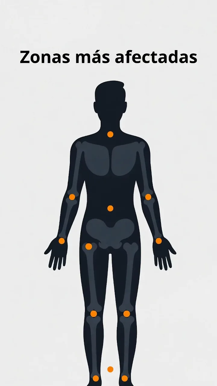 Silueta con puntos de dolor en todo el cuerpo: articulaciones afectadas en poliartrosis