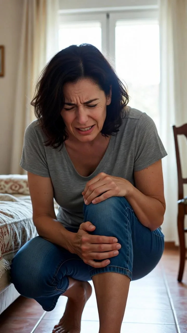 Mujer con dolor de rodillas al agacharse y levantarse: causas y tratamiento