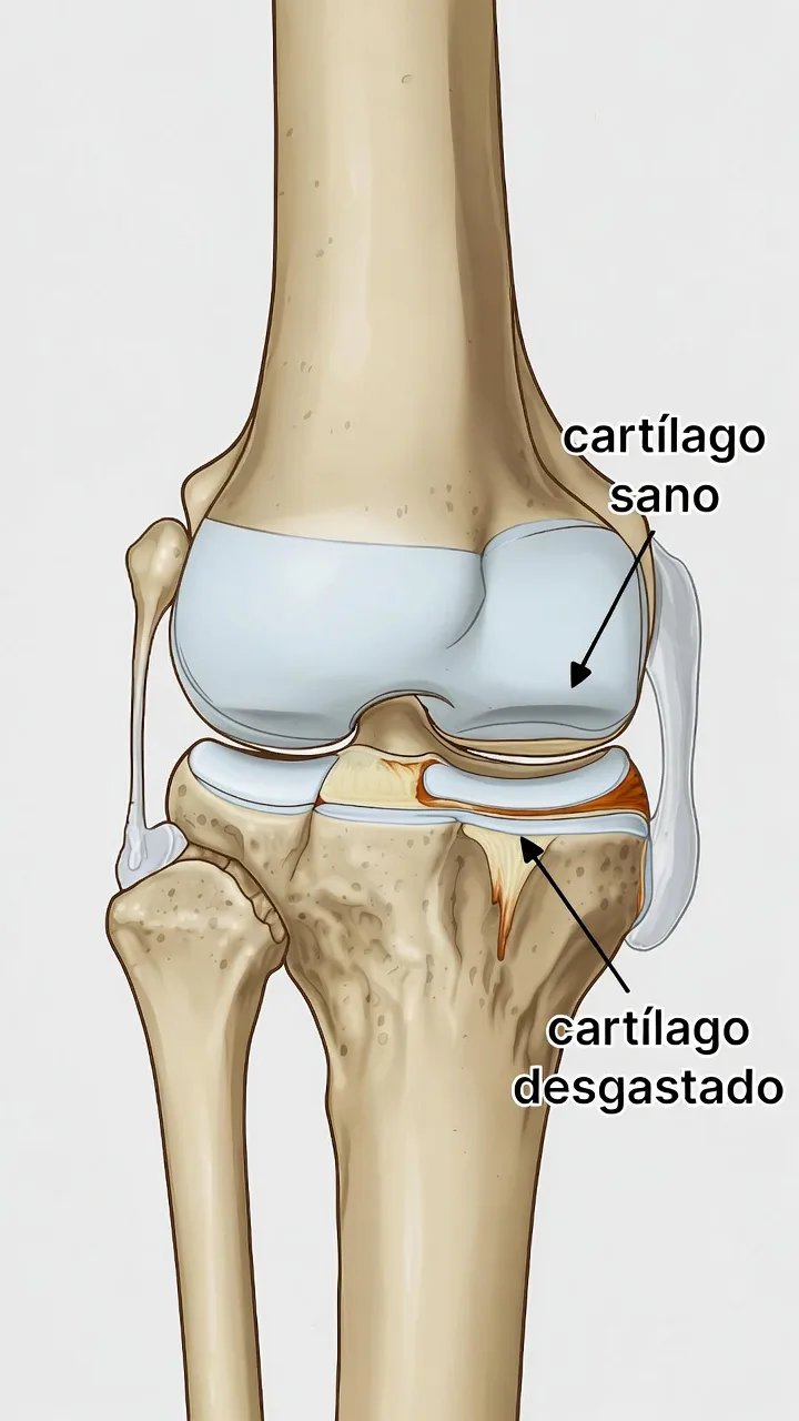 Gonartrosis: comparación de cartílago sano vs cartílago desgastado en la rodilla