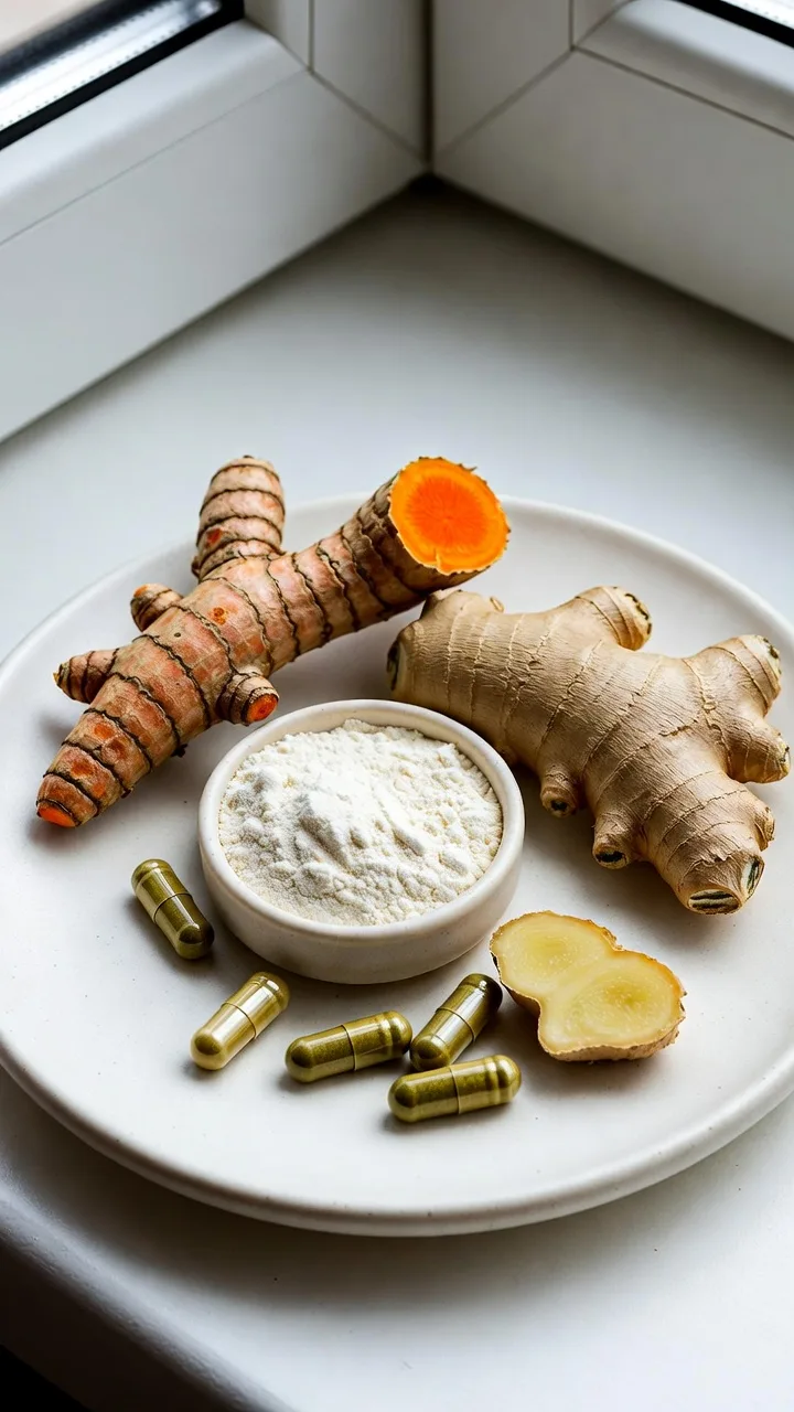 Ingredientes naturales para articulaciones: cúrcuma, jengibre, boswellia y colágeno en polvo