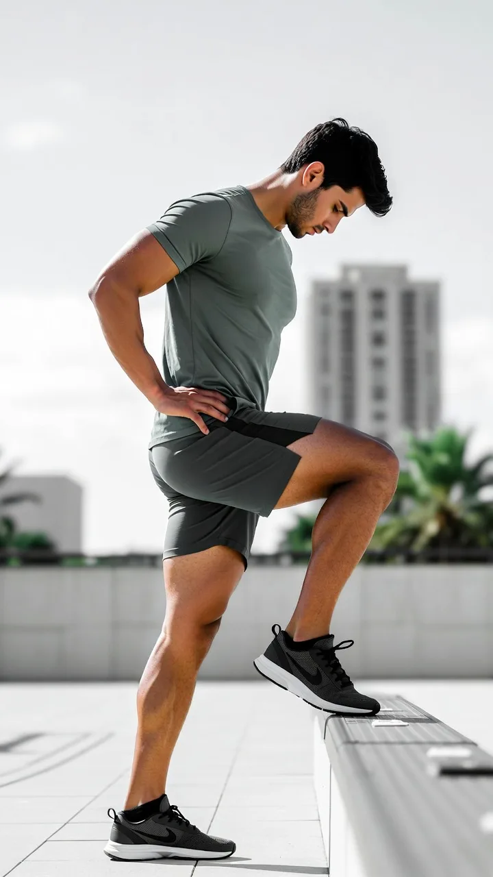 Deportista realizando ejercicio excéntrico en escalón para tratar la tendinopatía del tendón de Aquiles