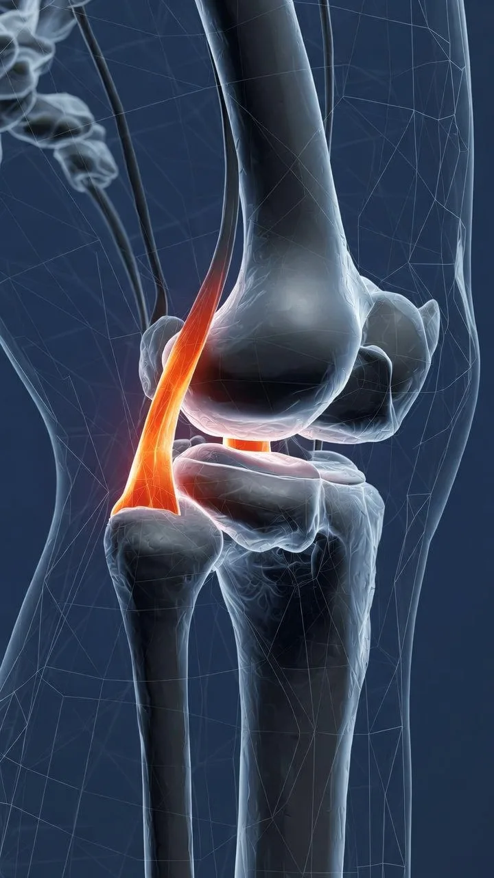 Representación médica 3D de la tendinopatía rotuliana: degeneración del tendón de la rodilla