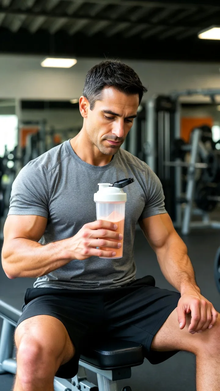 Deportista mezclando Flexomore en polvo tras el entrenamiento para la recuperación del tendón de Aquiles